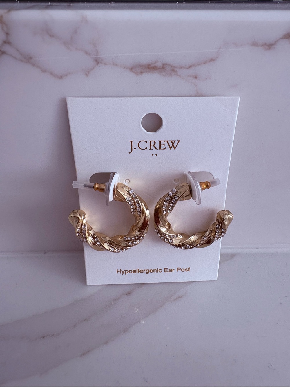 J. Crew Gold Twisted Hoop Earrings with Clear Crystals
